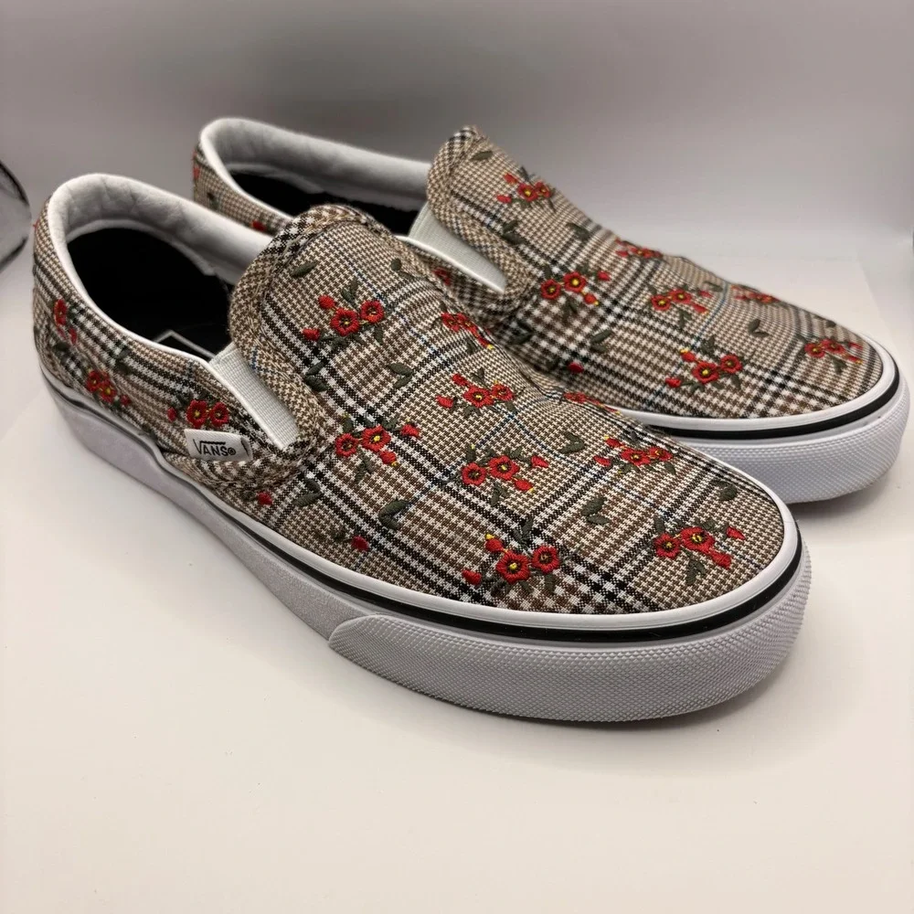 Vans Classic Slip-On Glen Plaid Floral Embroidery Sneakers Womens 7 Mens 5.5 - Picture 2 of 6